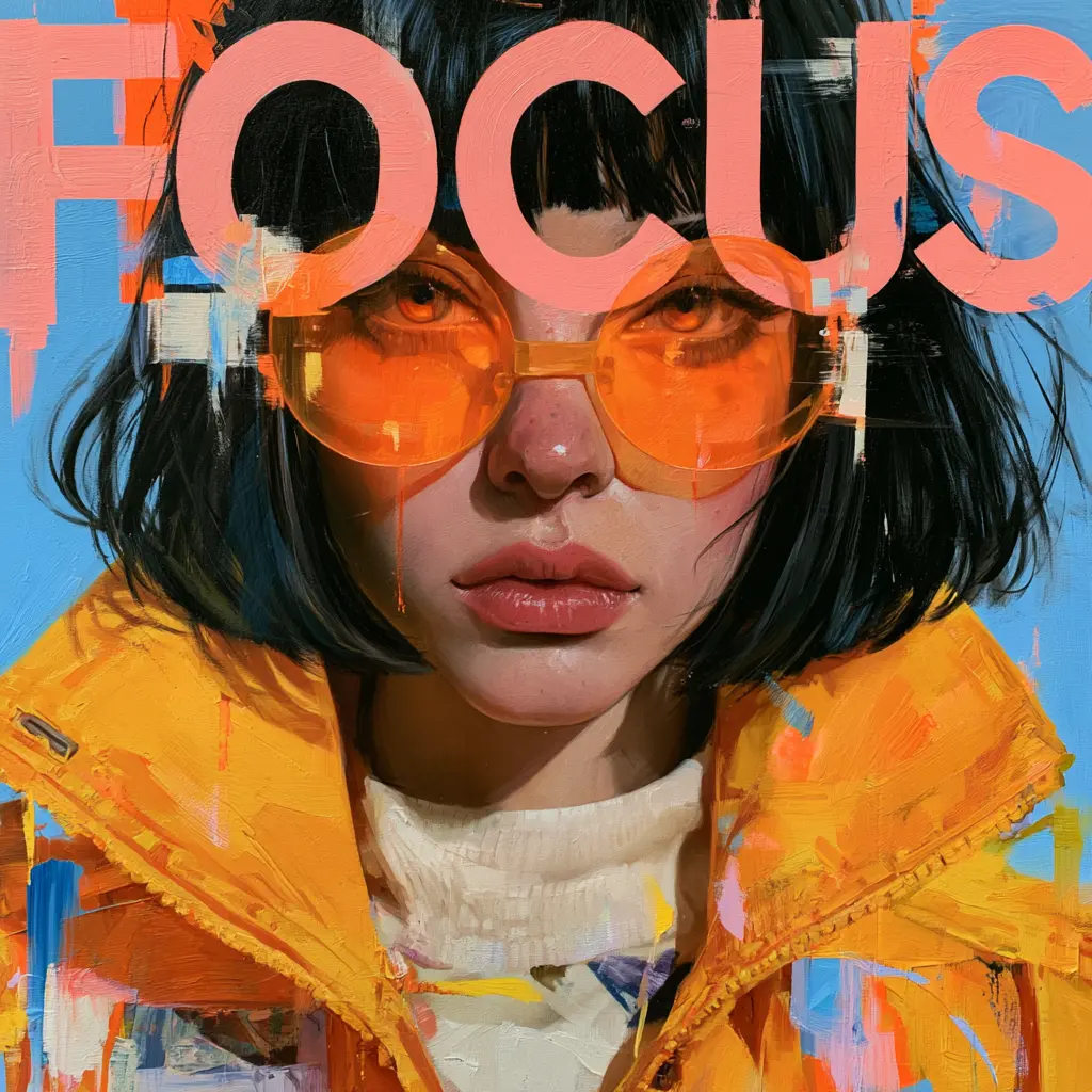 Retrato editorial de una mujer con gafas naranjas y la palabra Focus