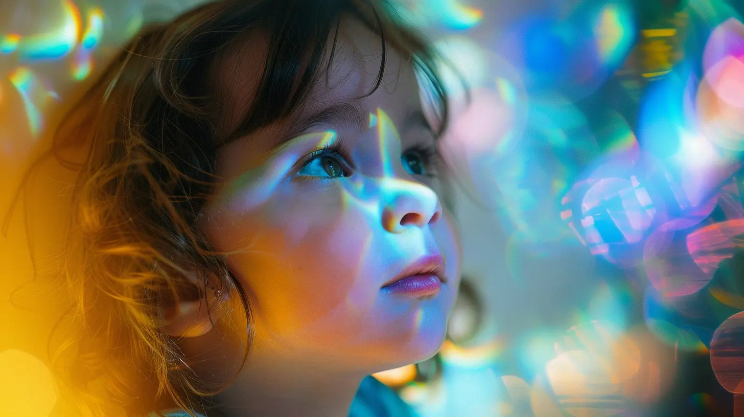 Momento emocional entre un niño y una figura formada por elementos de color